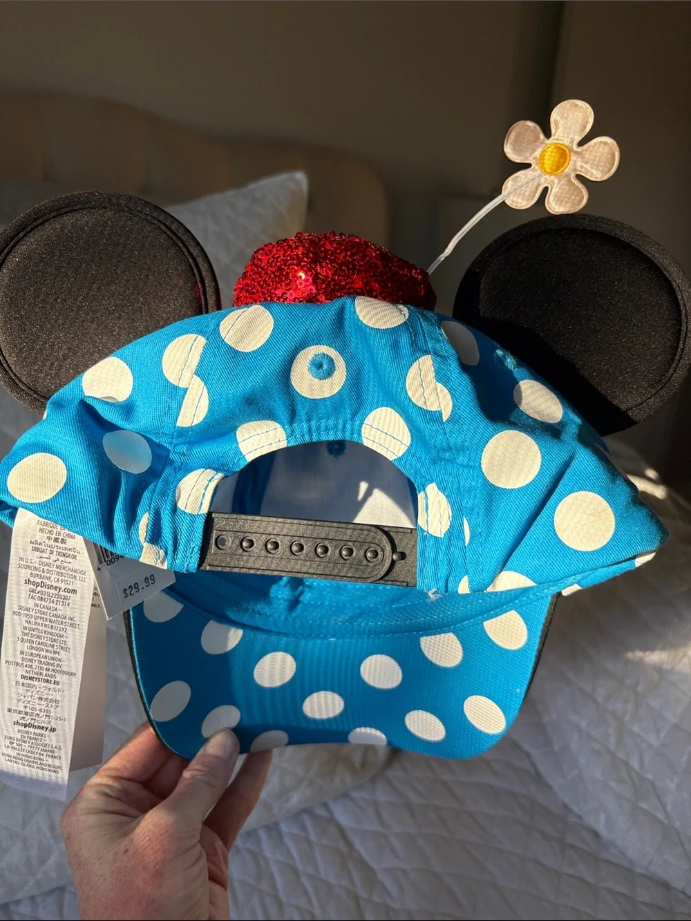 Disney Blue and White Polka Dot Minnie Ear Hat with Red Sequin Top and Daisy